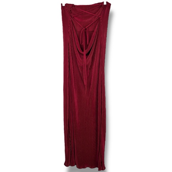 Maroon Red Ribbed Backless Strapless Tie Back Bodycon Midi Maxi Dress size Small - Picture 3 of 5